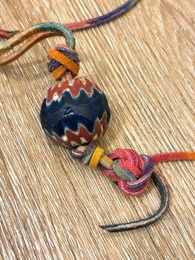 Vintage Venetian Chevron Trade Big Ball Bead Leather Strap Necklace